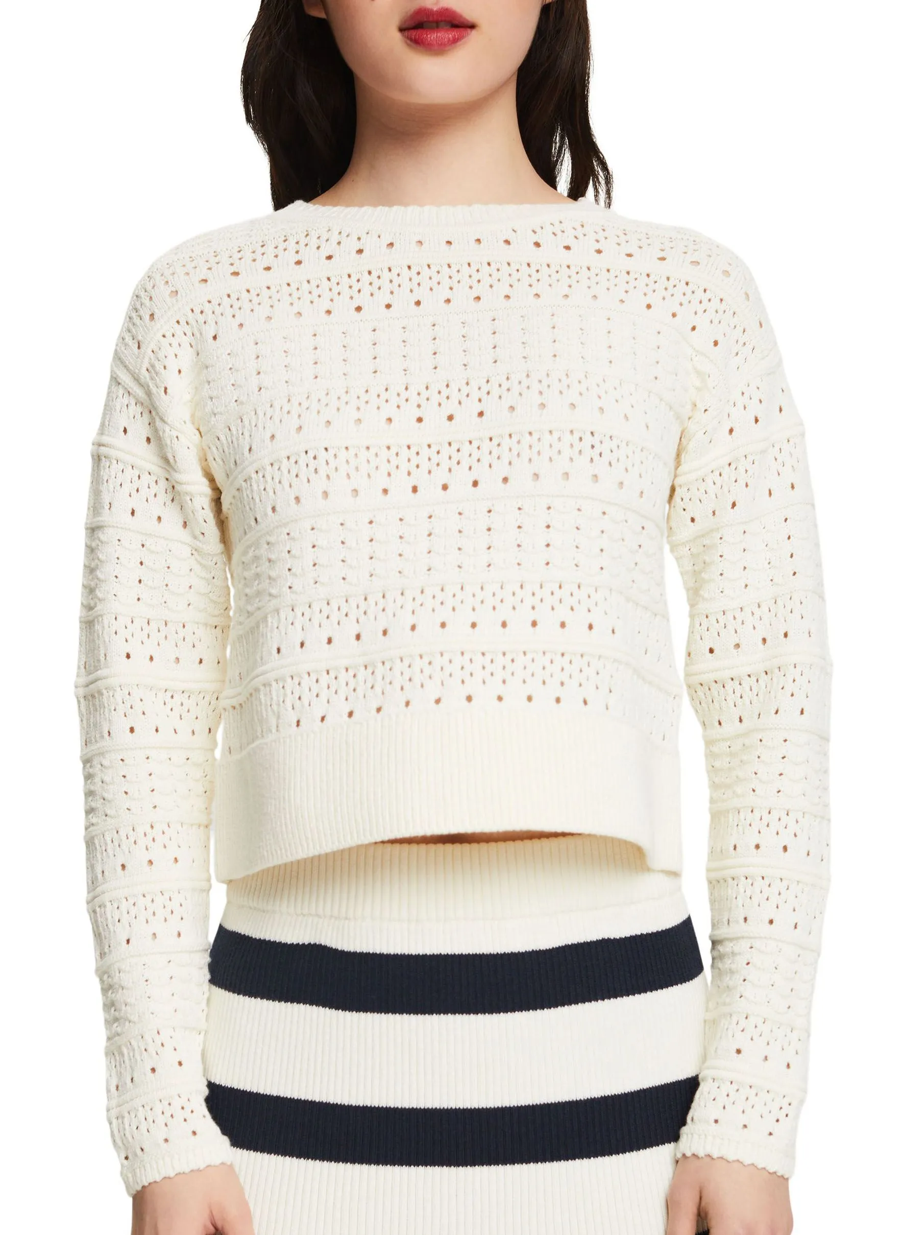 ESPRIT Jersey de punto de algodón calado con cuello redondo en gris