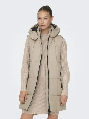JDY Long Women's Quilted Vest with Hooded Puffer Jacket Sleeveless