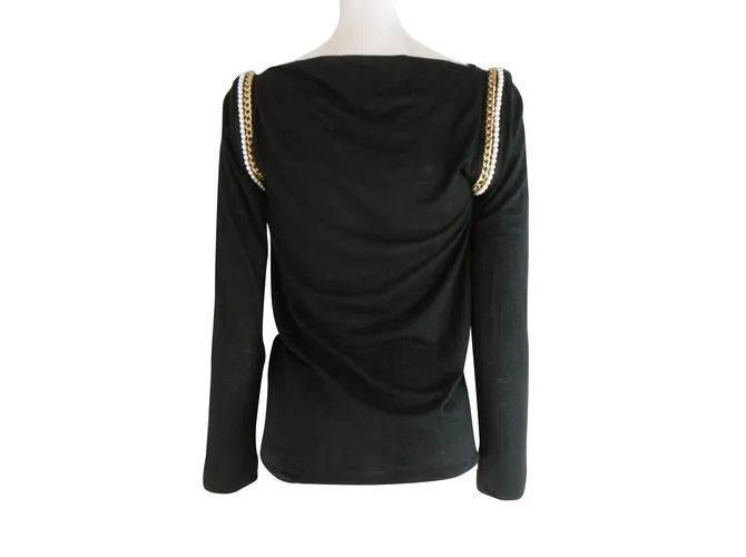 Sacai Luck Perla y adornos de cadena en tono dorado Camiseta de manga larga Negro 