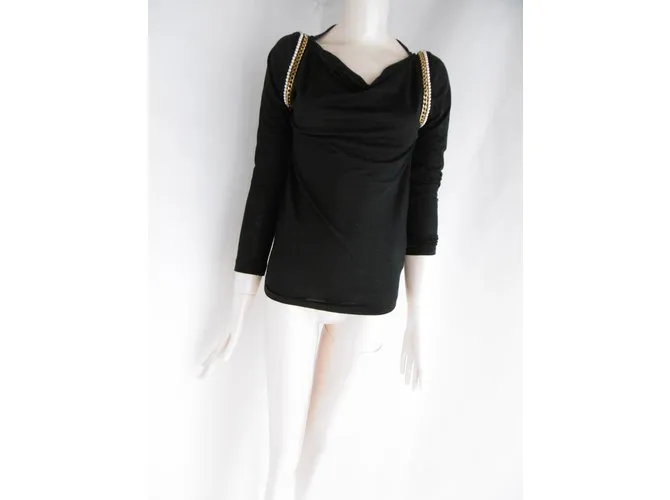 Sacai Luck Perla y adornos de cadena en tono dorado Camiseta de manga larga Negro 